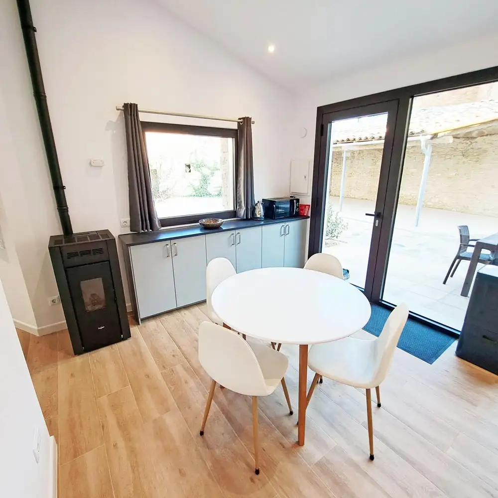 Kitchen With Pellet Stove Heating Cosy pellet stove heating system providing warmth for winter climbing and cycling holidays.